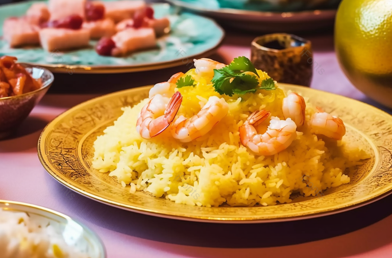 一大盘中国扬州炒饭香菜基围虾炒饭餐饮美食图像摄影,高清,摄影图,摄影图片,图片大全,摄影图免费下载